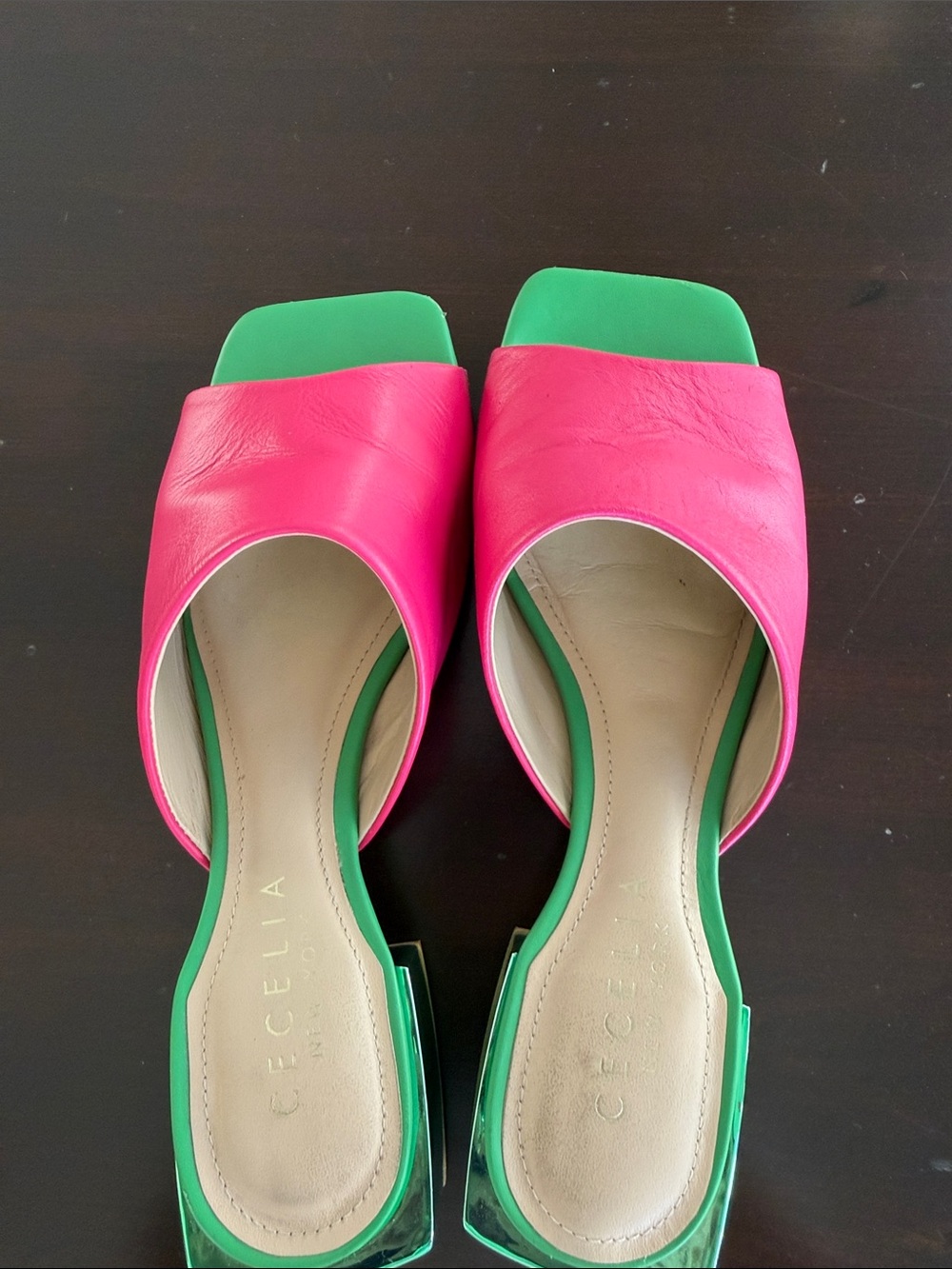 CECELIA NEW YORK Hot Pink and Green Leather Slide Mules - Picture 3 of 9